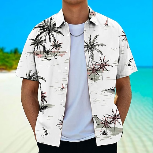 

Men's Shirt Hawaiian Shirt Coconut Tree Graphic Prints Turndown White Yellow Green Khaki Street Casual Short Sleeves Button-Down Print Clothing Apparel Tropical Fashion Hawaiian Designer