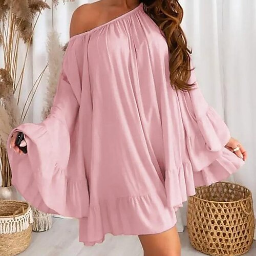 

Women's Casual Dress Swing Dress Mini Dress White Yellow Pink Long Sleeve Graphic Ruched Winter Fall Spring Off Shoulder Classic Daily Weekend 2023 S M L XL 2XL 3XL