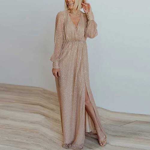 

Women's Party Dress Swing Dress Long Dress Maxi Dress Apricot Long Sleeve Pure Color Mesh Winter Fall Spring V Neck Fashion Party Evening Party Loose Fit 2023 S M L XL XXL 3XL