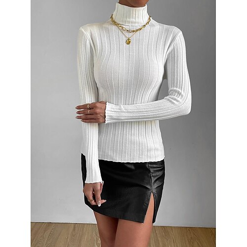 

Women's Shirt Blouse White Plain Crochet Long Sleeve Casual Basic High Neck Regular S
