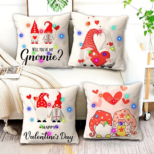 

Valentine's Day LED Lights Pillow Cover 4PC Gnome Soft Decorative Square Throw Pillow Cover Cushion Case Pillowcase for Bedroom Livingroom Superior Quality Machine Washable Outdoor Cushion for Sofa Couch Bed Chair