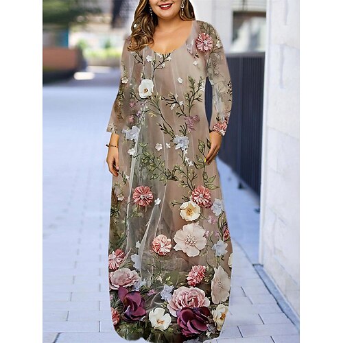 

Dame Plusstørrelser Hverdagskjole Blomstret V-hals Langærmet Efterår Forår Elegant Afslappet Maxi lang kjole udendørs Daglig Kjole