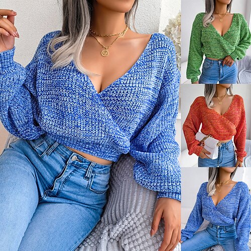 

Women's Shirt Blouse Green Blue Red Plain Crochet Long Sleeve Casual Basic V Neck Crop S