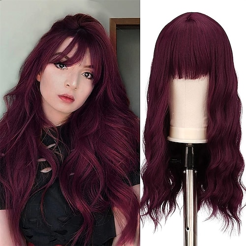 

vino rosso parrucca lunga con frangia per le donne 24 pollici ricci ondulati bordeaux costume sintetico resistente al calore parrucche cosplay per le donne ragazza parrucche naturali per la festa