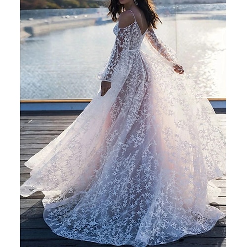 

Spiaggia / Destinazione Boho Abiti da sposa Strascico a terra Linea-A Manica lunga Spacco a V Di pizzo Con A pieghe Perline 2023 Primavera estate Abiti da sposa