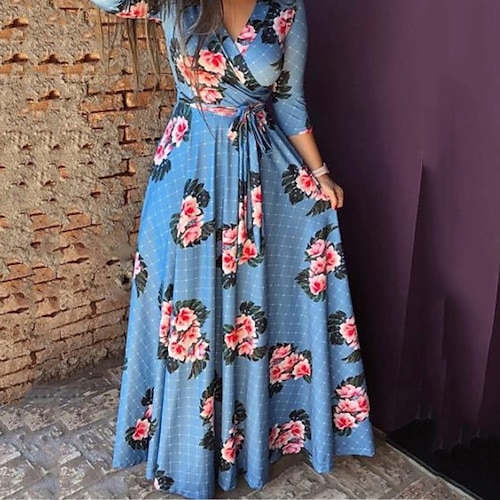 

robe décontractée pour femme robe balançoire robe florale robe longue maxi robe bleu à manches longues imprimé fleuri hiver automne printemps col en v mode quotidien 2023 s m l xl xxl 3xl 4xl 5xl