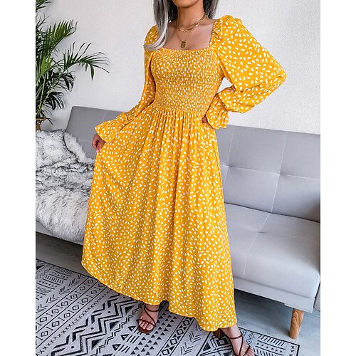 

Women's Casual Dress Swing Dress Floral Dress Long Dress Maxi Dress pale pinkish gray Yellow Red Long Sleeve Graphic Ruched Winter Fall Spring Square Neck Classic Daily Weekend 2023 S M L XL