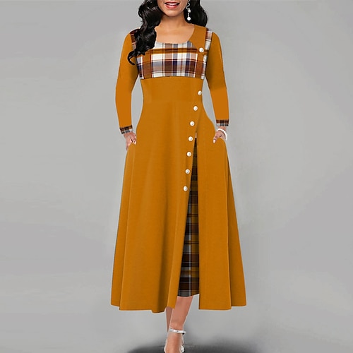 

Women's Casual Dress Plaid Dress Long Dress Maxi Dress Black Yellow Wine Long Sleeve Plaid Button Winter Fall Spring Crew Neck Fashion Daily 2023 S M L XL XXL 3XL 4XL 5XL