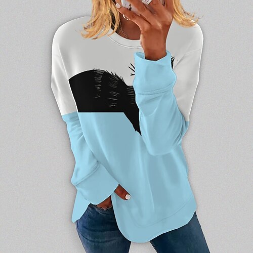 

Women's T shirt Tee Black Yellow Pink Graphic Color Block Ruffle Print Long Sleeve Daily Weekend Basic Round Neck Regular Painting S