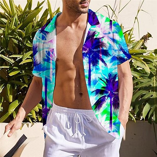 

Men's Shirt Summer Hawaiian Shirt Coconut Tree Graphic Prints Turndown Blue Gray Street Casual Short Sleeves Button-Down Print Clothing Apparel Tropical Fashion Hawaiian Designer