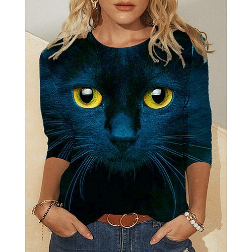 

Mulheres Camiseta Preto Azul Gato 3D Imprimir Manga Longa Diário Final de semana Básico Decote Redondo Padrão Gato 3D Pintura S