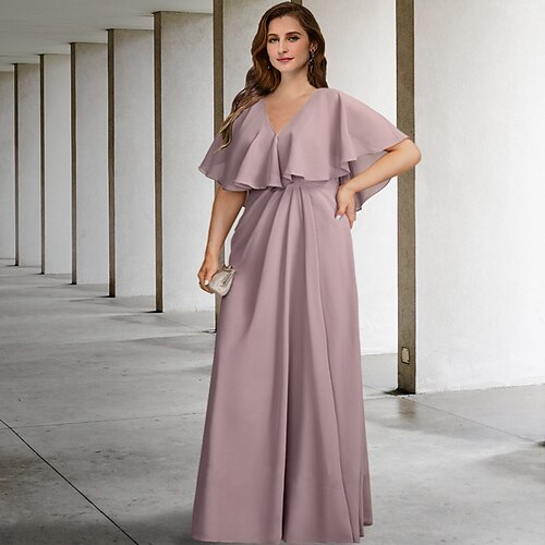 

Todelt A-linje Plus Size Curve Mother of the Bride-kjoler Elegant Kjole Formell Gulvlengde Ermeløs V-hals Chiffon med Plissert Drapert 2023