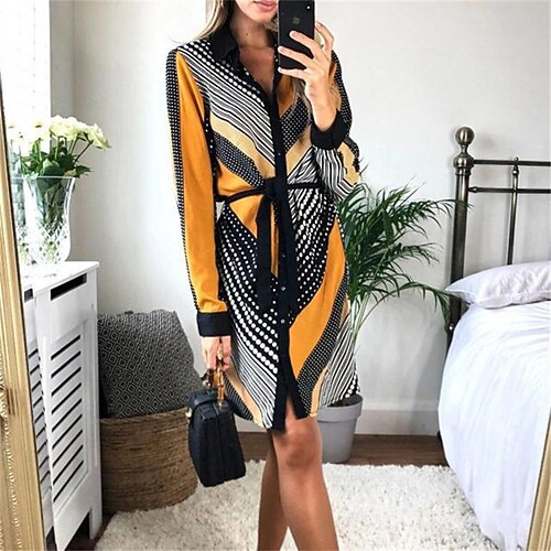 

Women's Casual Dress Shirt Dress Mini Dress Yellow Blue Green Long Sleeve Graphic Lace up Winter Fall Spring Shirt Collar Fashion Weekend 2022 S M L XL 2XL