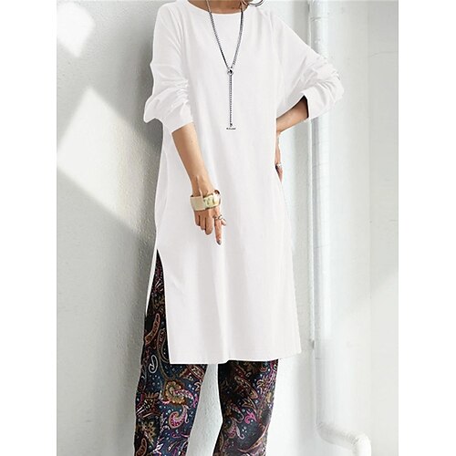 

Women's Casual Dress Shirt Dress Shift Dress Midi Dress Black White Dark Blue Long Sleeve Pure Color Split Winter Fall Spring Crew Neck Fashion Daily Vacation Loose Fit 2023 S M L XL XXL 3XL 4XL