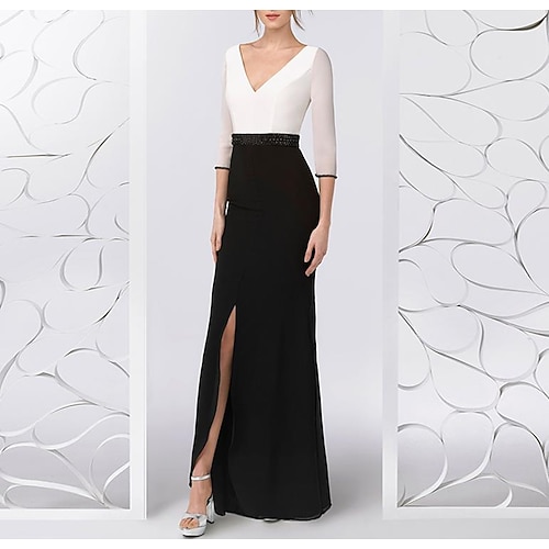 

A-linje Kjole til brudens mor Bryllupsgjest Enkel Elegant V-hals Te-lengde Chiffon 3/4 ermer med Sløyfe(r) Delt front 2023