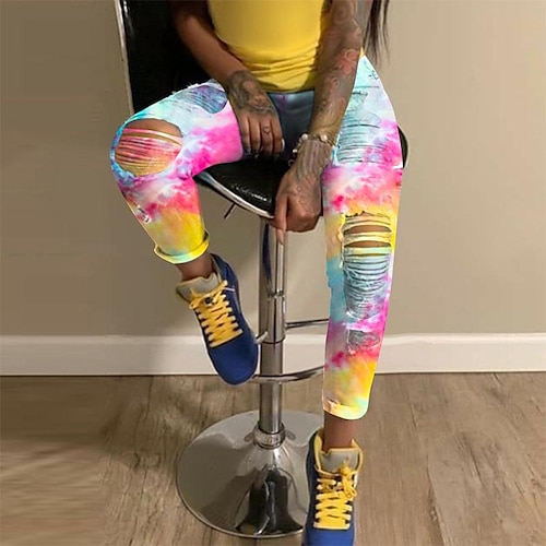 

Dame Skinny Bukser Leggins Jeans Denimstof Lyserød Blå Mode Afslappet / Hverdag Ribbet Trykt mønster Mikroelastisk Ankel-længde Mavekontrol Batikfarvet S M L XL 2XL