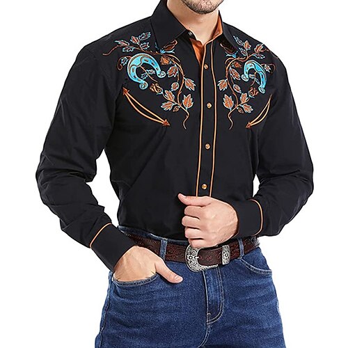

Men's Shirt Western Shirt Floral Graphic Prints Leaves Turndown Wine Black Yellow Navy Blue Outdoor Street Long Sleeve Button-Down Print Clothing Apparel Fashion Streetwear Designer western style