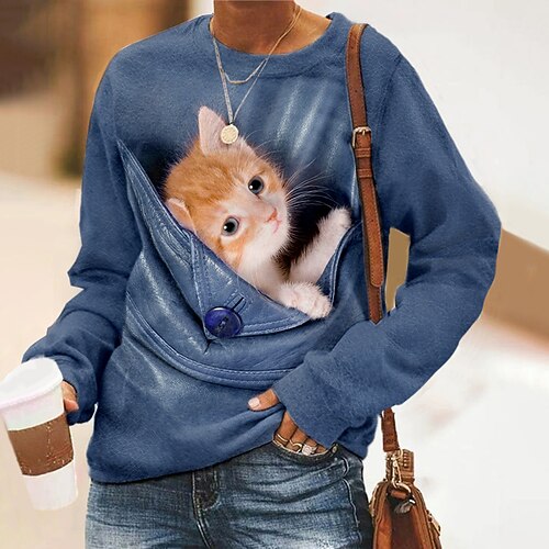 

Women's Sweatshirt Pullover Basic Pink Red Blue Cat Street Round Neck Long Sleeve