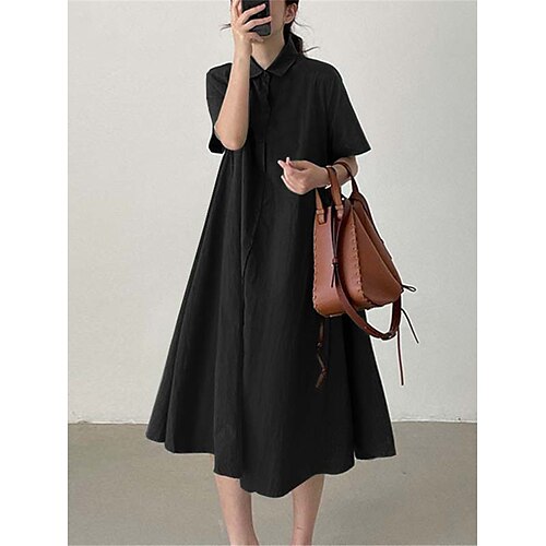 

Women's Casual Dress Shirt Dress Linen Dress Midi Dress Black Brown Half Sleeve Pure Color Button Winter Fall Spring Shirt Collar Classic Daily 2022 S M L XL XXL 3XL 4XL 5XL