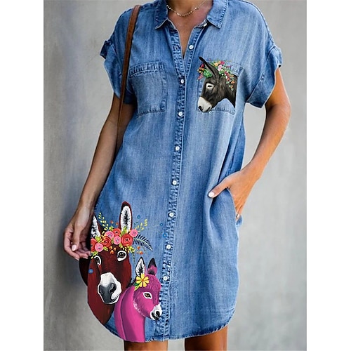 

Women's Denim Dress Casual Dress Shift Dress Midi Dress Denim Fashion Casual Outdoor Daily Going out Shirt Collar Button Pocket Short Sleeve Summer Spring Fall 2023 Loose Fit Black Blue Animal Flower