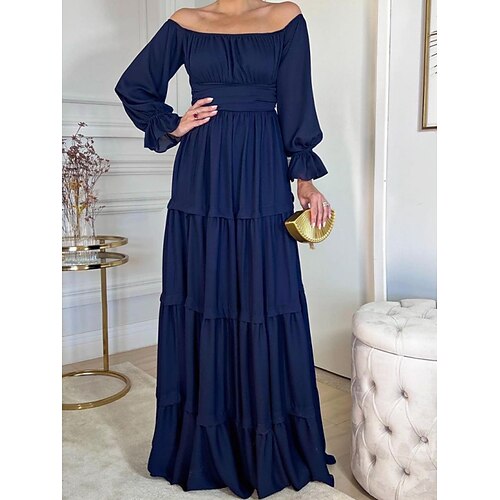 

Women's Casual Dress Swing Dress Long Dress Maxi Dress Black Red Blue Long Sleeve Pure Color Ruched Winter Fall Spring Off Shoulder Classic Daily Date 2022 S M L XL
