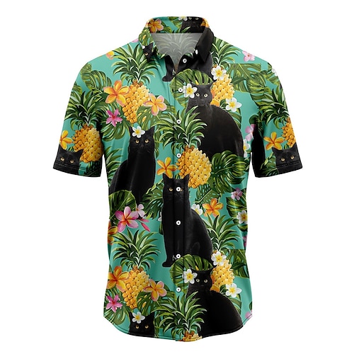 

Herre Skjorte Hawaii skjorte Blomstret Kat Ananas Grafiske tryk Blade Aftæpning Blå Gade Afslappet Kort Ærme Knap ned Trykt mønster Tøj Tropisk Mode Hawaiiansk Designer