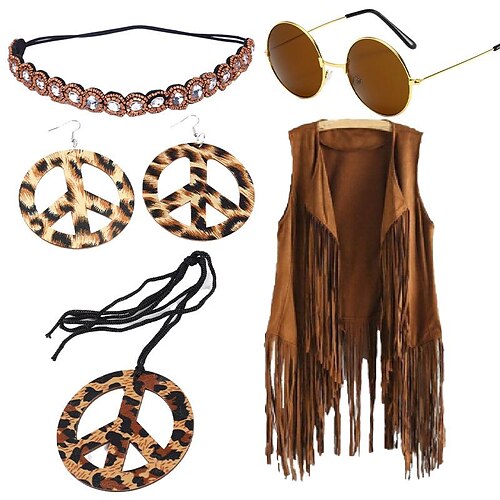 

5 Pcs Women's Hippie Outfit Retro Vintage 1960s 1970s Accesories Set Suede Vest Tassel Fringe Headband Peace&Love Accessories Set Cosplay Costume