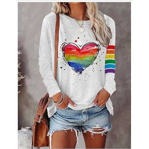 

Women's T shirt Tee Light Grey Heart Print Long Sleeve Casual Basic Round Neck Regular S