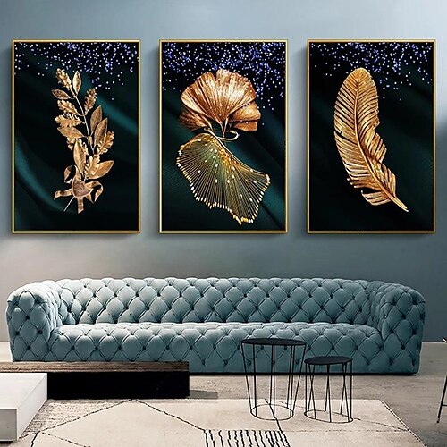 

modern minimalist three-piece golden feather coniferous spray painting creative sofa background wall decorative painting hanging painting oil painting