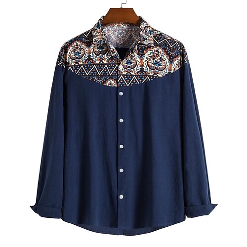 

Men's Shirt Floral Graphic Prints Vintage Turndown Navy Blue Street Casual Long Sleeve Button-Down Print Clothing Apparel Fashion Streetwear Designer Soft
