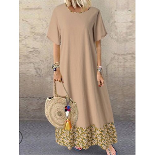 

Women's Casual Dress Linen Dress Vintage Dress Long Dress Maxi Dress Green Grey Short Sleeve Graphic Patchwork Spring Summer Crew Neck Classic Daily Weekend 2023 Style M L XL 2XL 3XL