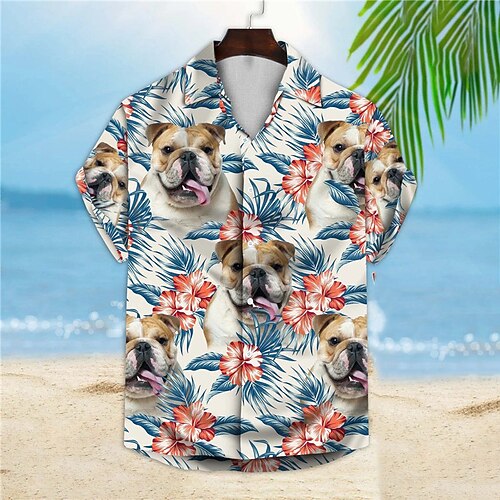 

Men's Shirt Summer Hawaiian Shirt Floral Dog Graphic Prints Turndown Blue Street Casual Short Sleeves Button-Down Print Clothing Apparel Tropical Fashion Hawaiian Designer