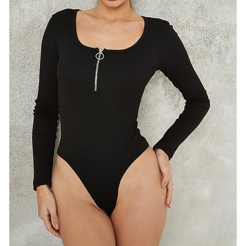 

Women's Bodysuit Black White Pink Plain Quarter Zip Long Sleeve Casual Basic U Neck S