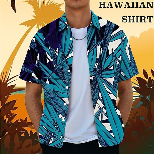 

Men's Shirt Graphic Prints Leaves Turndown Blue Green Street Casual Short Sleeves Button-Down Print Clothing Apparel Tropical Fashion Designer Hawaiian