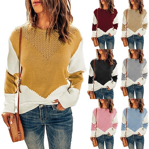 

Women's Shirt Blouse Light Blue claret turmeric Color Block Crochet Long Sleeve Casual Basic Round Neck Regular S