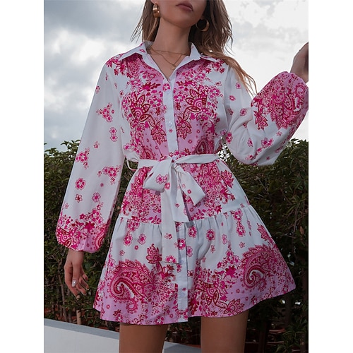 

Women's Casual Dress Shirt Dress Mini Dress Fuchsia Green Long Sleeve Flower Button Winter Fall Spring Shirt Collar Fashion Daily 2022 S M L XL