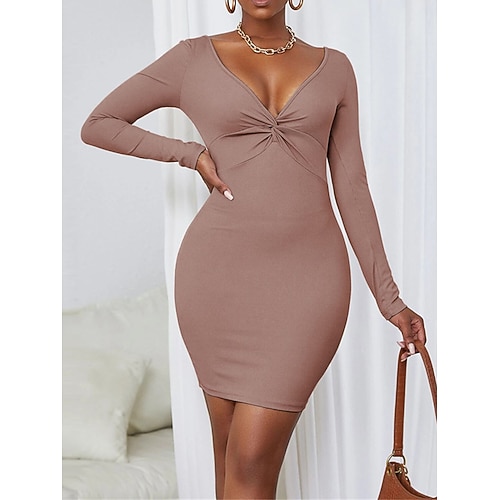 

Women's Work Dress Sheath Dress Knit Dress Mini Dress Blush Pink Black Long Sleeve Pure Color Ruched Winter Fall Spring V Neck Fashion Office Date Slim 2023 XS S M L
