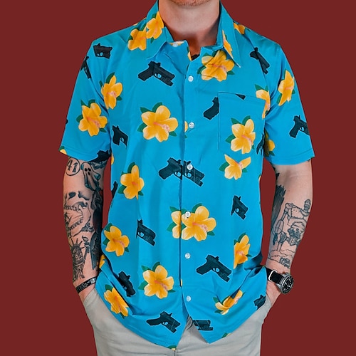 

Men's Shirt Floral Gun Turndown Blue 3D Print Outdoor Street Short Sleeves Button-Down Print Clothing Apparel Tropical Fashion Designer Hawaiian