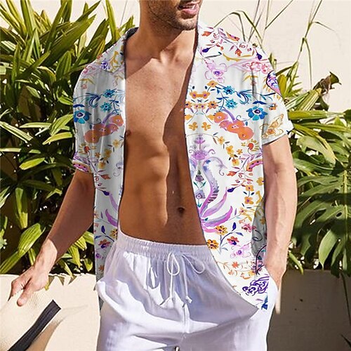 

Men's Shirt Summer Hawaiian Shirt Floral Graphic Prints Turndown White Purple Street Casual Short Sleeves Button-Down Print Clothing Apparel Tropical Fashion Hawaiian Designer