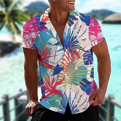 

Men's Shirt Graphic Prints Leaves Turndown Green Blue 3D Print Street Daily Short Sleeve Button-Down Print Clothing Apparel Tropical Fashion Hawaiian Soft