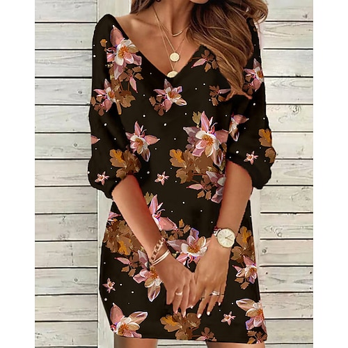 

Women's Sweatshirt Dress Shift Dress Mini Dress Black Burgundy Brown 3/4 Length Sleeve Graphic Print Winter Fall Spring V Neck Fashion Vacation Weekend 2022 S M L XL 2XL 3XL