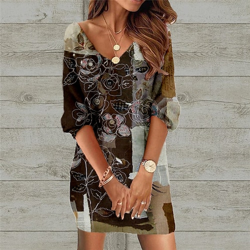 

Damen Casual kleid Etuikleid Minikleid Schwarz Blau Grau 3/4 Ärmel Blumen Bedruckt Winter Herbst Frühling V Ausschnitt Modisch Täglich Lockere Passform 2023 S M L XL XXL 3XL