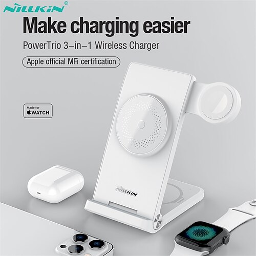 

NILLKIN 3 in 1 MagneticWireless Charger 5 W Output Power Wireless Charging Stand Fast Wireless Charging Magnetic 3 in 1 For Apple Watch iPhone 14/13/12/11 Pro Max Cellphone