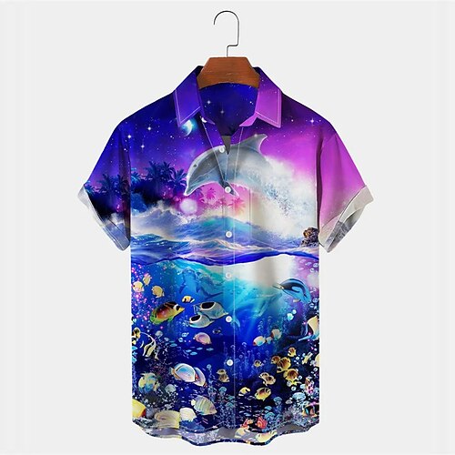 

Men's Shirt Summer Hawaiian Shirt Graphic Prints Dolphin Ocean Marine Life Turndown Purple Outdoor Street Short Sleeves Button-Down Print Clothing Apparel Tropical Fashion Hawaiian Designer