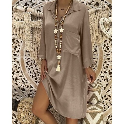 

Women's Casual Dress Shift Dress Midi Dress Yellow Pink Green Long Sleeve Pure Color Button Winter Fall Spring Shirt Collar Classic Daily Weekend 2023 S M L XL 2XL 3XL 4XL 5XL