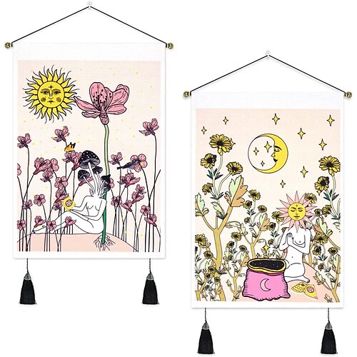 

Pack of 2 Tarot Divination Woven Bohemian Wall Tapestry Art Decor Blanket Curtain Hanging Home Bedroom Living Room Decoration Nordic Cotton Linen Tassel Moon Stars Sun Plant 14 x 20