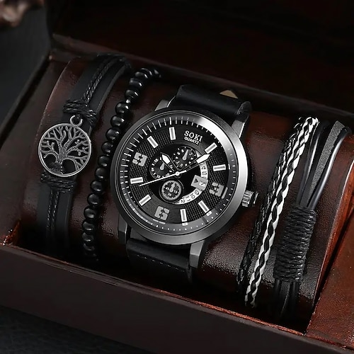 

4 pçs/conjunto pulseira de couro casual número data quartzo relógio de pulso moda homens relógios para homem estilo esporte simples relógio masculino