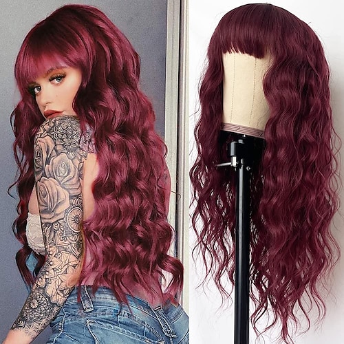 

parrucche di sostituzione dei capelli dell'onda sciolta di colore bordeaux con frangia resistente al calore vino rosso capelli sintetici nessuna parrucche di pizzo per le donne della moda 24 pollici