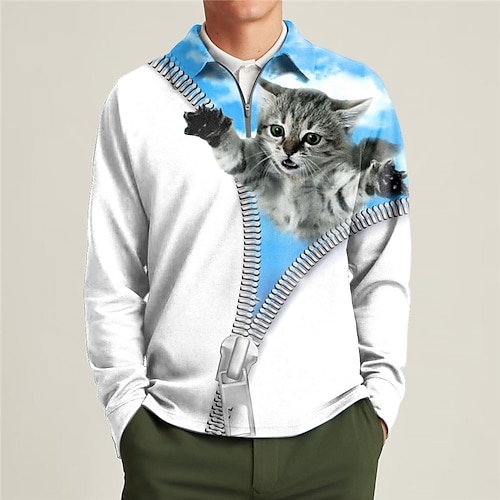 

Per uomo POLO Camicia da golf Golf Polo con zip Animali Gatto Stampe astratte Collo ripiegabile Blu Grigio Esterno Strada Manica lunga Cerniera Stampa Abbigliamento Di tendenza Streetwear Originale