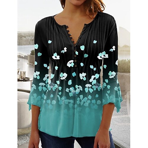 

Women's Shirt Blouse Blue Gold Graphic Floral Button Print Long Sleeve Casual Holiday Basic Round Neck Regular Floral S
